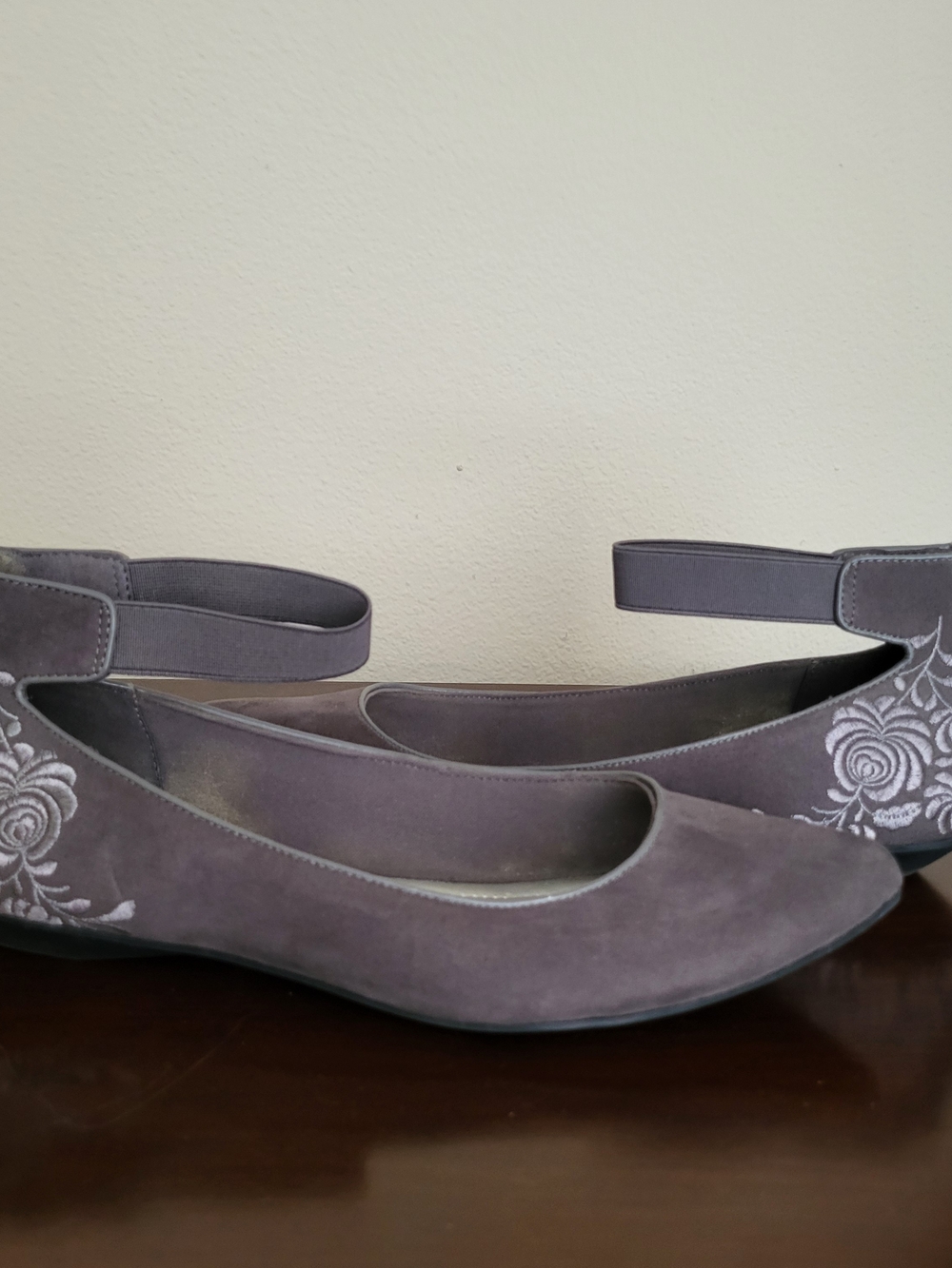 AK Sport Suede Flats with Ankle Strap and Floral Embroidery